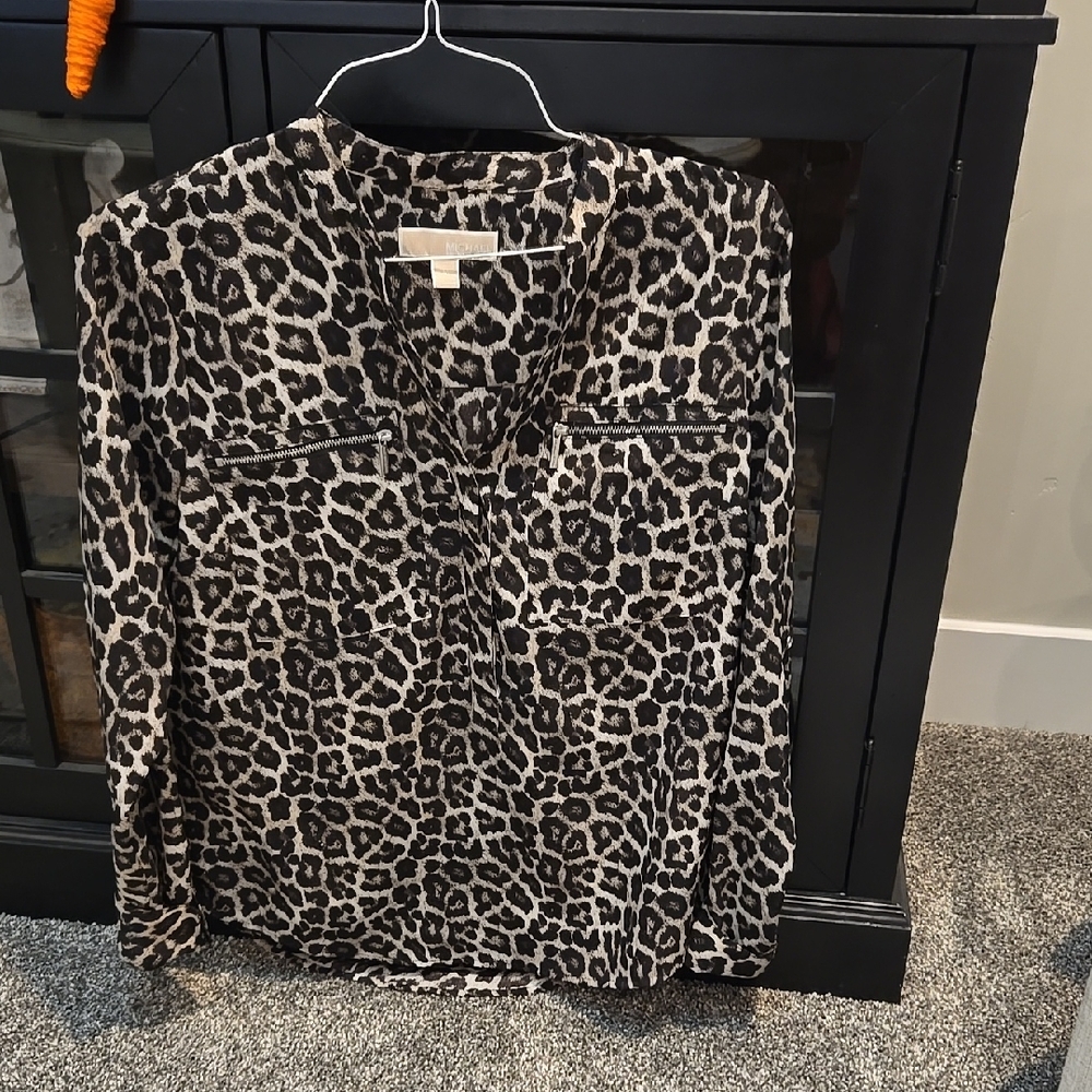 Michael Kors Brown and Black Buttoned Blouse with Mandarin Collar